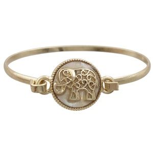 Elephant Gold Tone Mother of Pearl Shell Inlay Hook Bangle Bracelet